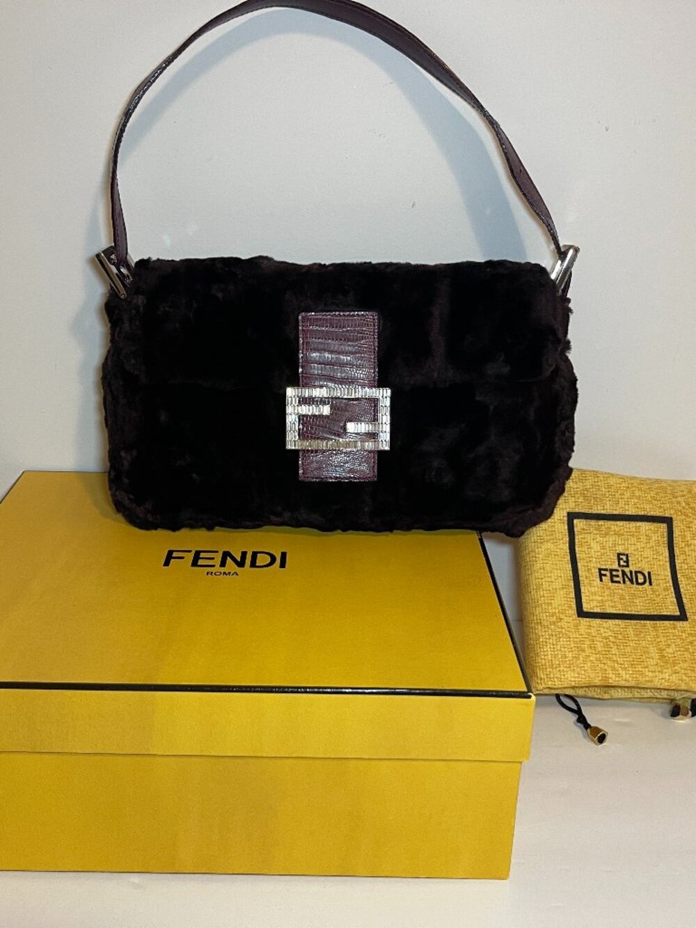 FENDI Dark Purple Fur Baguette Shoulder Bag /Lizard Skin & Silver Crystal Buckle